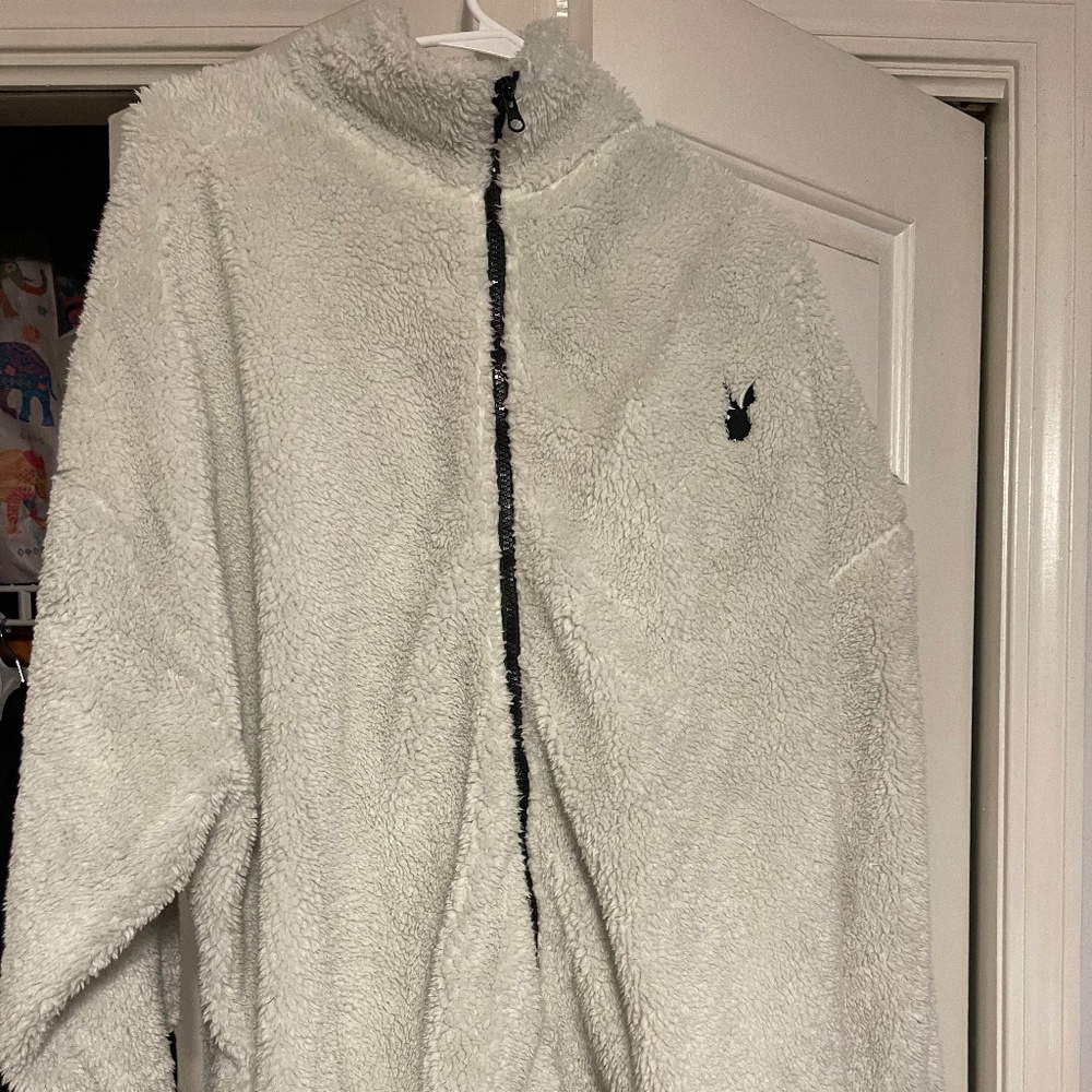 White Playboy Zip Up Sweater
